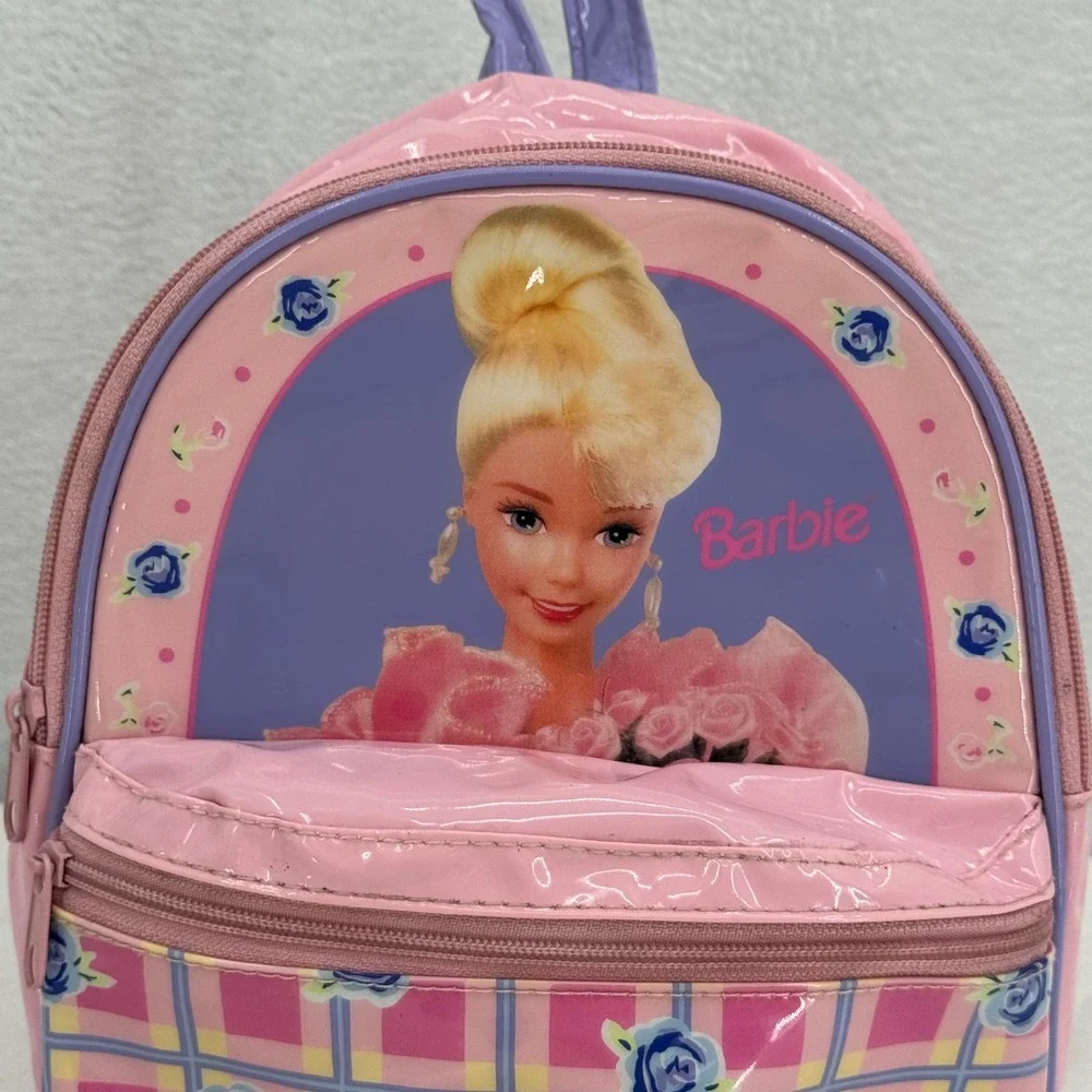 Vintage Barbie Mini Backpack 1996 Pink Plaid Rose Floral Glossy PVC Rare 90s Bag